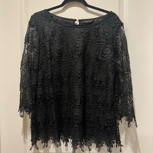 Adiva Black Lacy 3/4 Three Quarter Sleeve Top With Button Detail